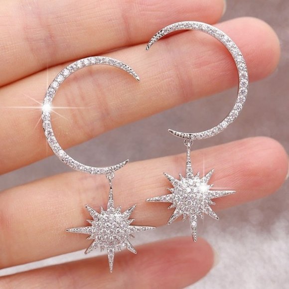 NEW Silver/Gold Diamond Moon Star Drop Earrings - Picture 1 of 5